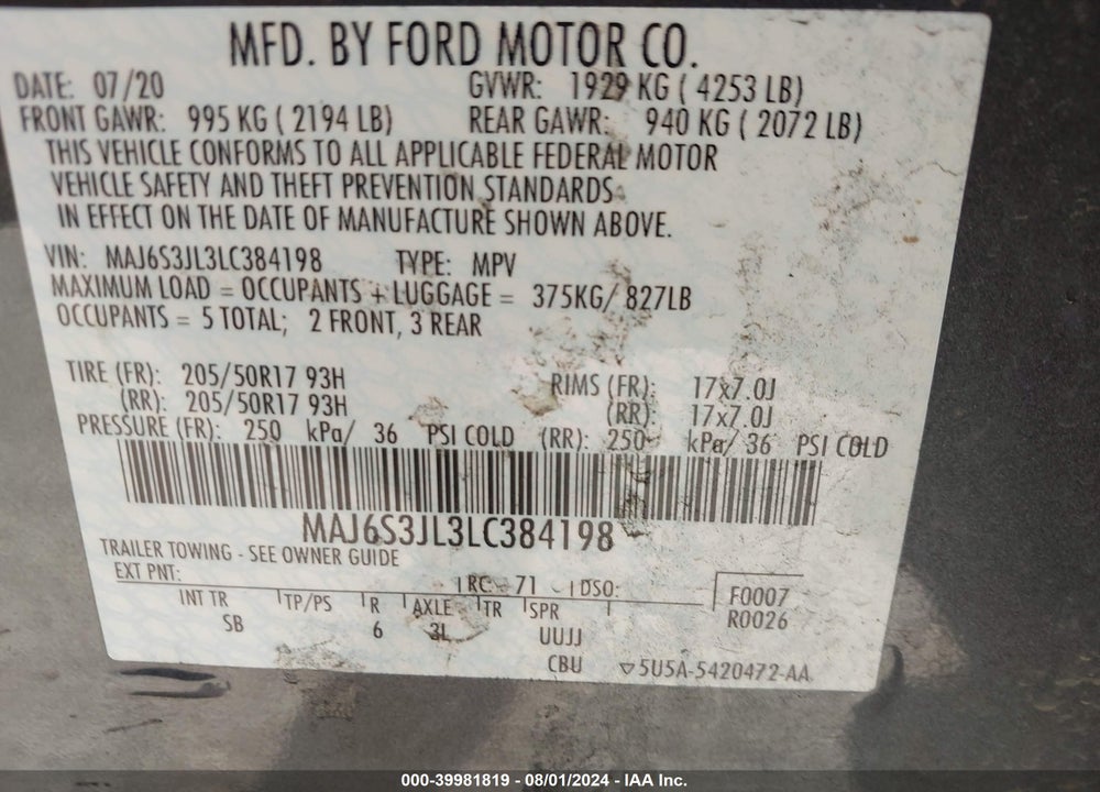 2020 FORD ECOSPORT SES VIN: MAJ6S3JL3LC384198