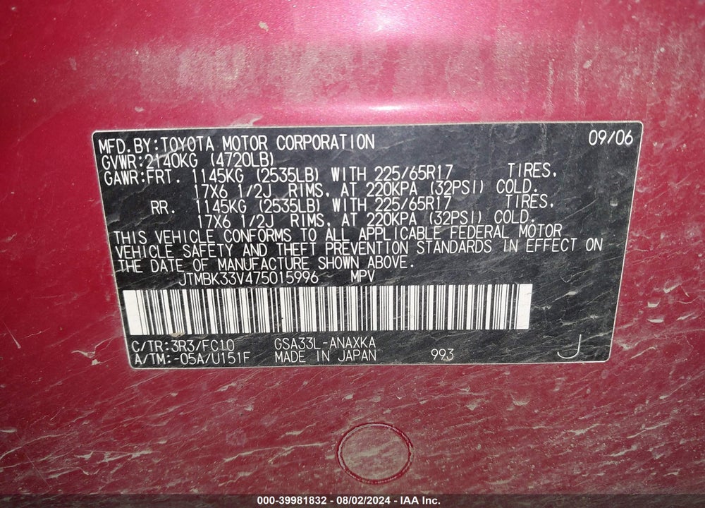 2007 TOYOTA RAV4 BASE V6 VIN: JTMBK33V475015996