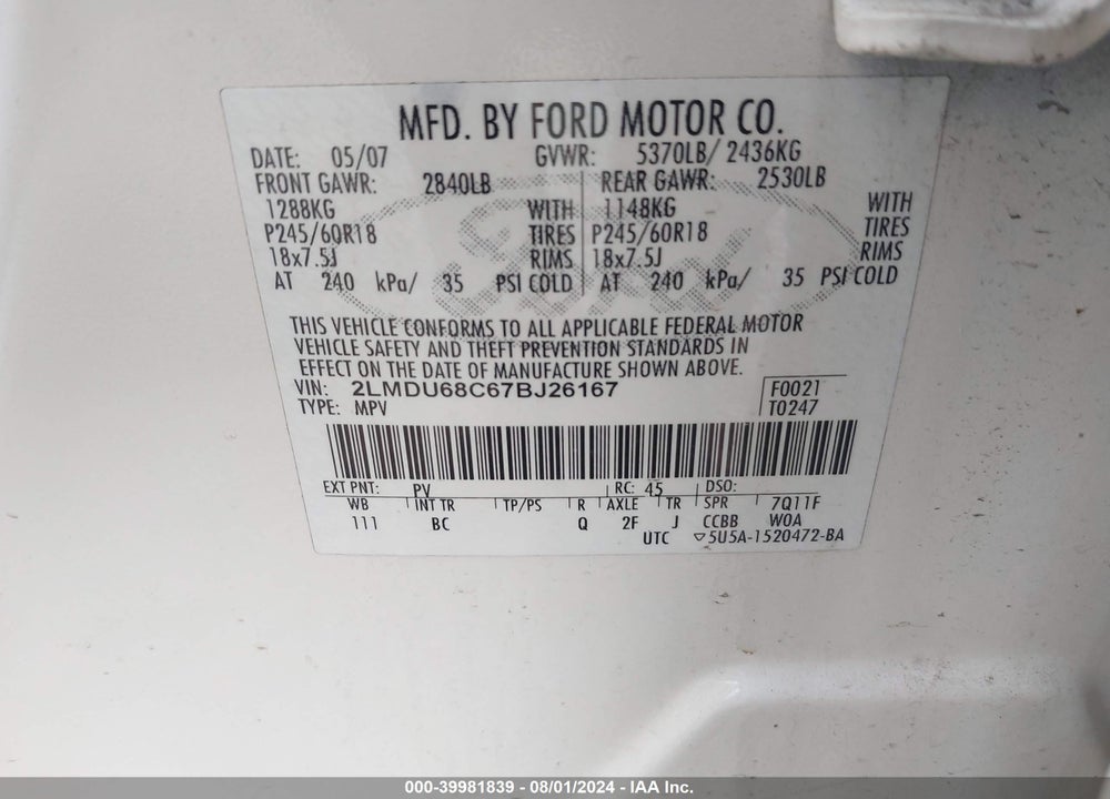 2007 LINCOLN MKX VIN: 2LMDU68C67BJ26167