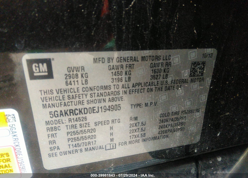 2014 BUICK ENCLAVE PREMIUM VIN: 5GAKRCKD0EJ194905