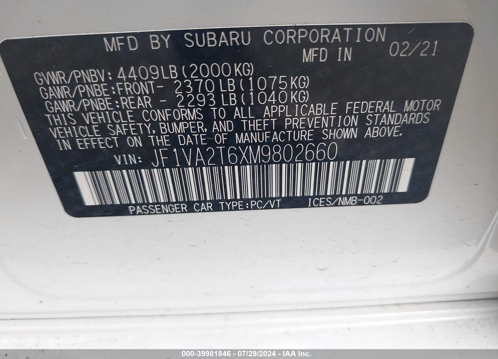 2021 SUBARU WRX STI LIMITED VIN: JF1VA2T6XM9802660
