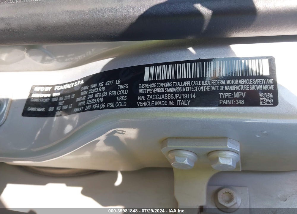 2018 JEEP RENEGADE LATITUDE FWD VIN: ZACCJABB6JPJ19114