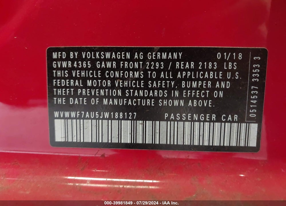 2018 VOLKSWAGEN GOLF R 2.0T W/DCC NAVIGATION VIN: WVWWF7AU5JW188127