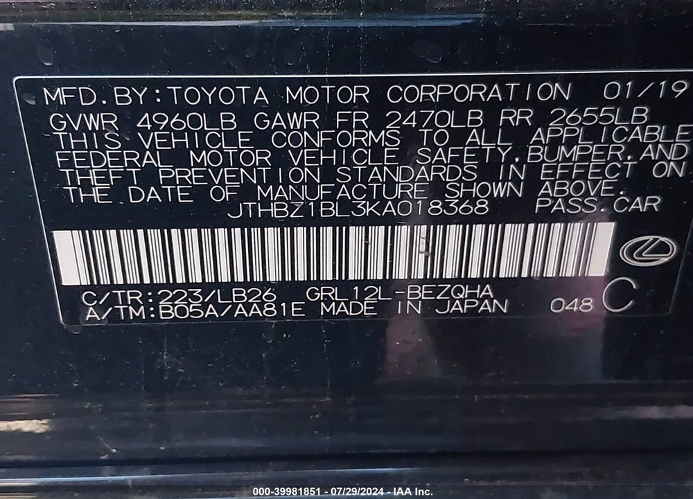 2019 LEXUS GS 350 BASE/350 F SPORT VIN: JTHBZ1BL3KA018368
