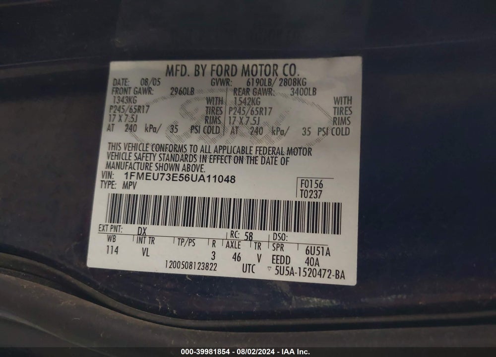 2006 FORD EXPLORER XLT VIN: 1FMEU73E56UA11048