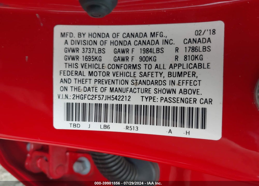 2018 HONDA CIVIC LX VIN: 2HGFC2F57JH542212