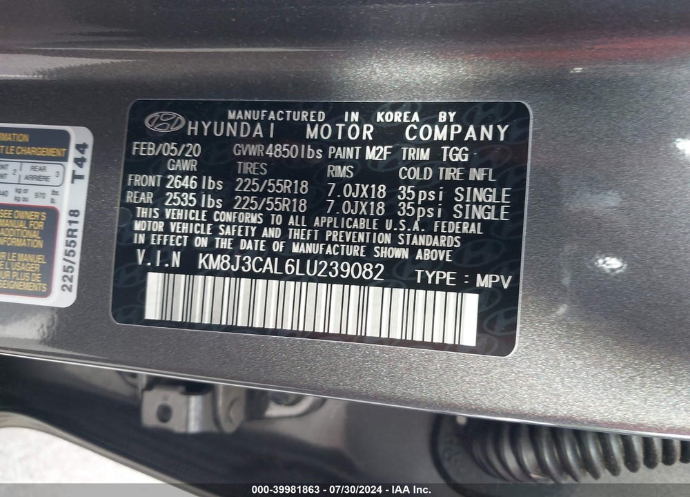 2020 HYUNDAI TUCSON SEL VIN: KM8J3CAL6LU239082