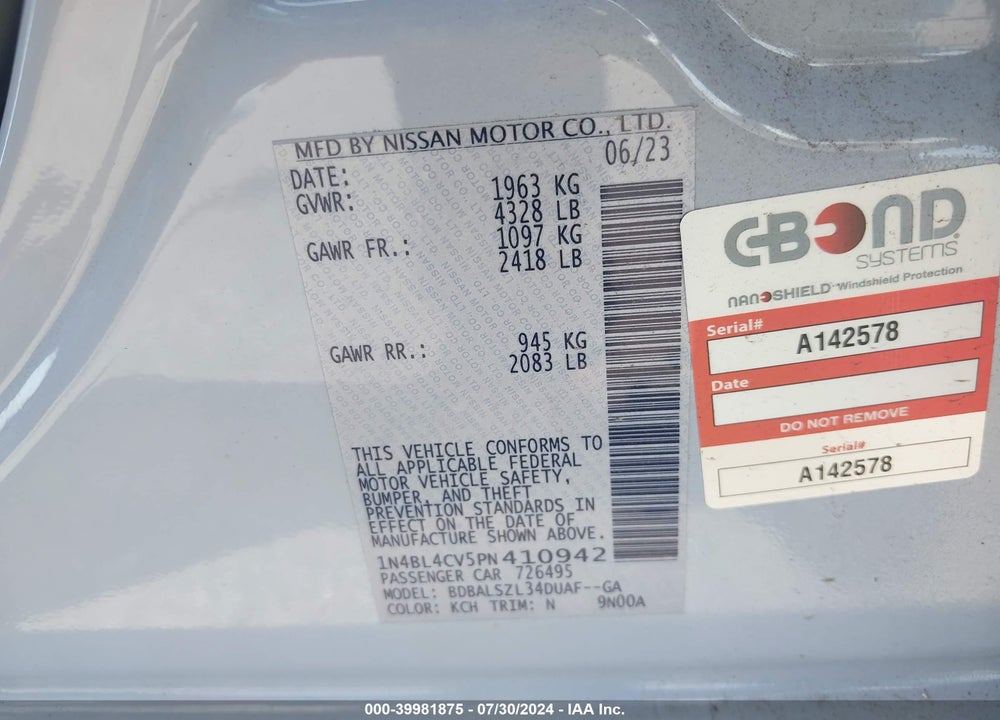 2023 NISSAN ALTIMA SR FWD VIN: 1N4BL4CV5PN410942
