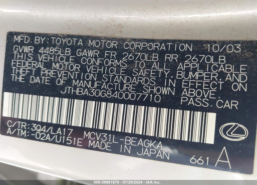2004 LEXUS ES 330 VIN: JTHBA30G840007710
