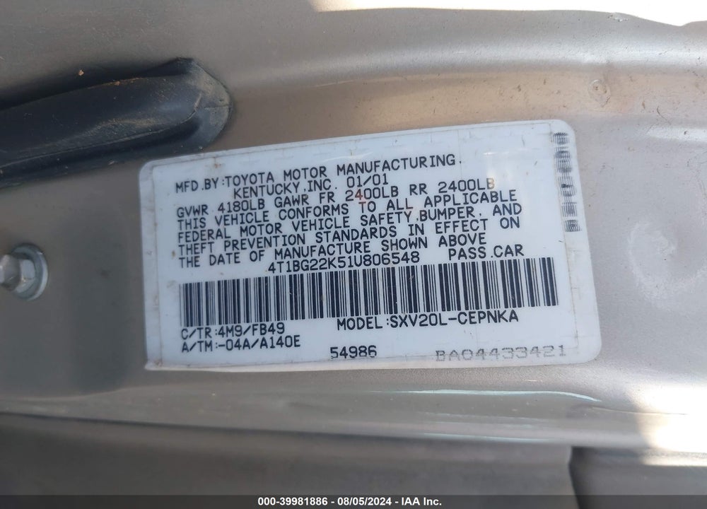 2001 TOYOTA CAMRY CE/LE/XLE VIN: 4T1BG22K51U806548