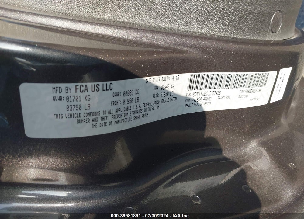 2018 FIAT 500E BATTERY ELECTRIC VIN: 3C3CFFGE4JT377486