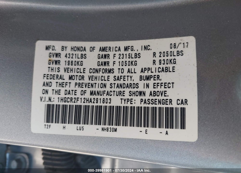 2017 HONDA ACCORD VIN: 1HGCR2F12HA291803