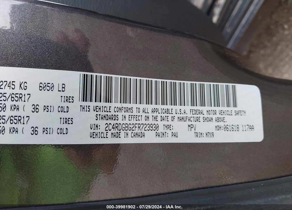2015 DODGE GRAND CARAVAN SE PLUS VIN: 2C4RDGBG2FR723930