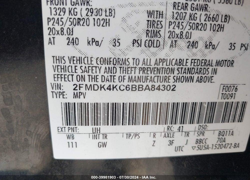 2011 FORD EDGE LIMITED VIN: 2FMDK4KC6BBA84302