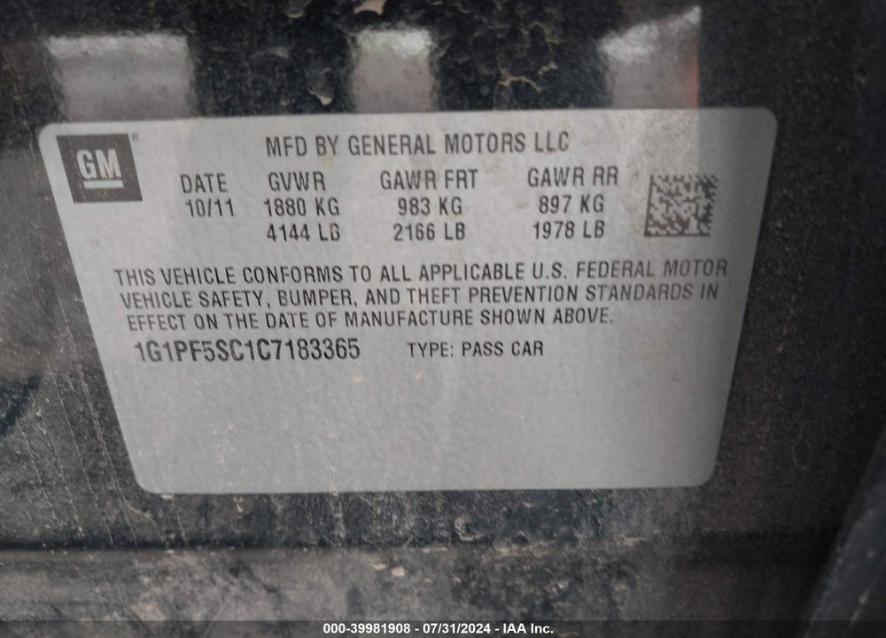 2012 CHEVROLET CRUZE 1LT VIN: 1G1PF5SC1C7183365