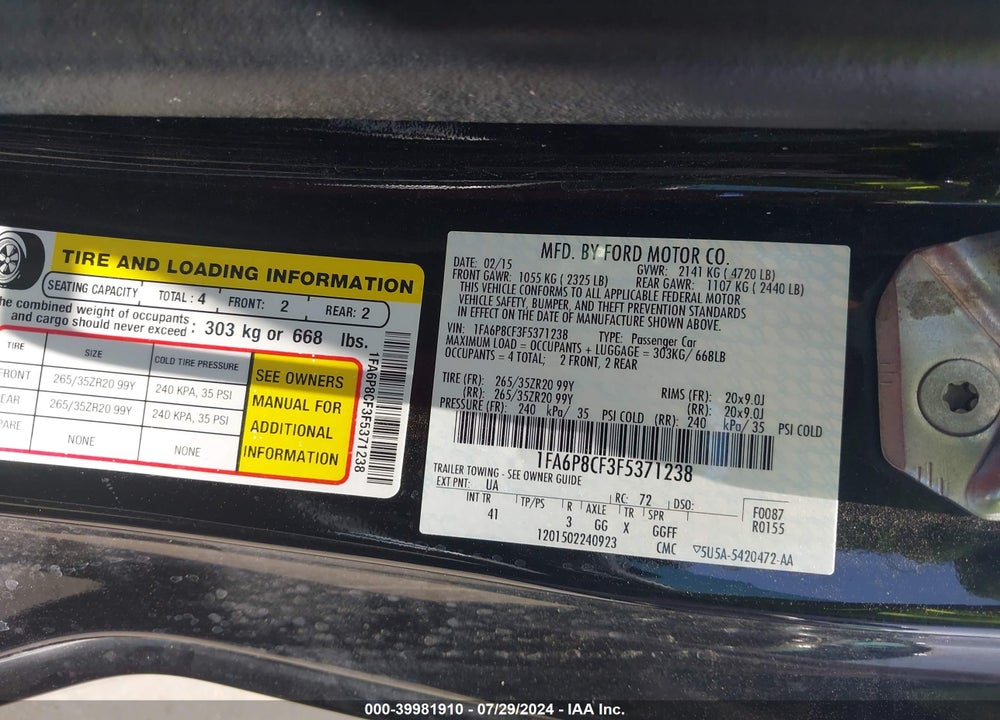 2015 FORD MUSTANG GT PREMIUM VIN: 1FA6P8CF3F5371238