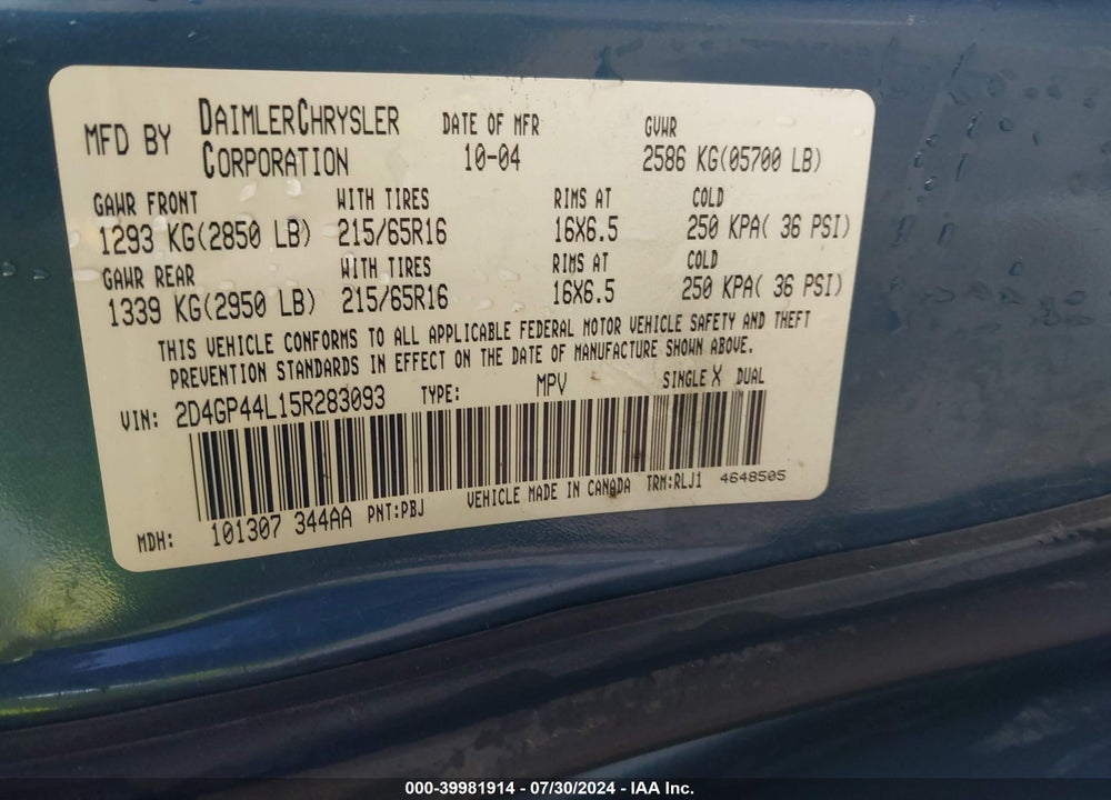 2005 DODGE GRAND CARAVAN SXT VIN: 2D4GP44L15R283093