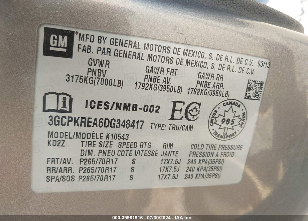 2013 CHEVROLET SILVERADO 1500 LS VIN: 3GCPKREA6DG348417