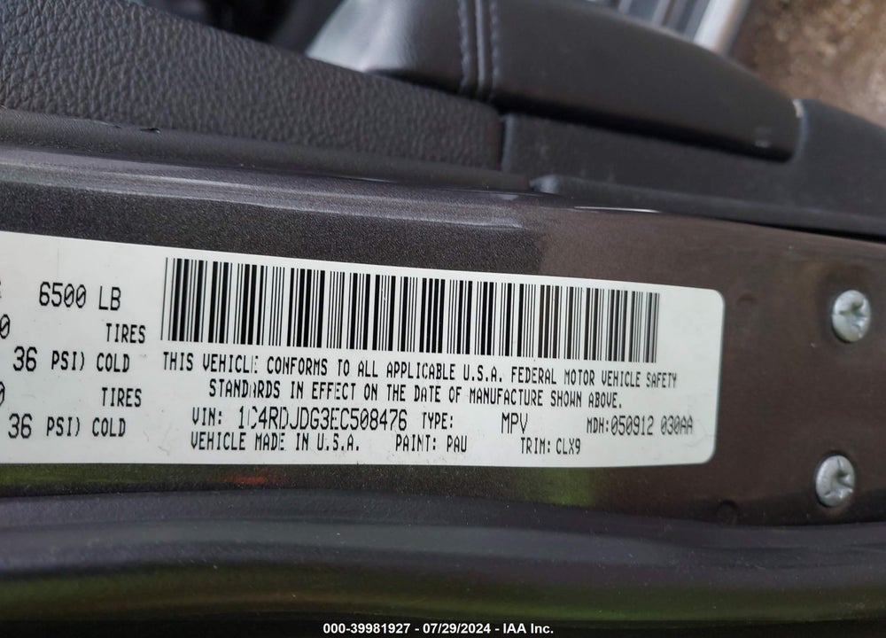 2014 DODGE DURANGO LIMITED VIN: 1C4RDJDG3EC508476