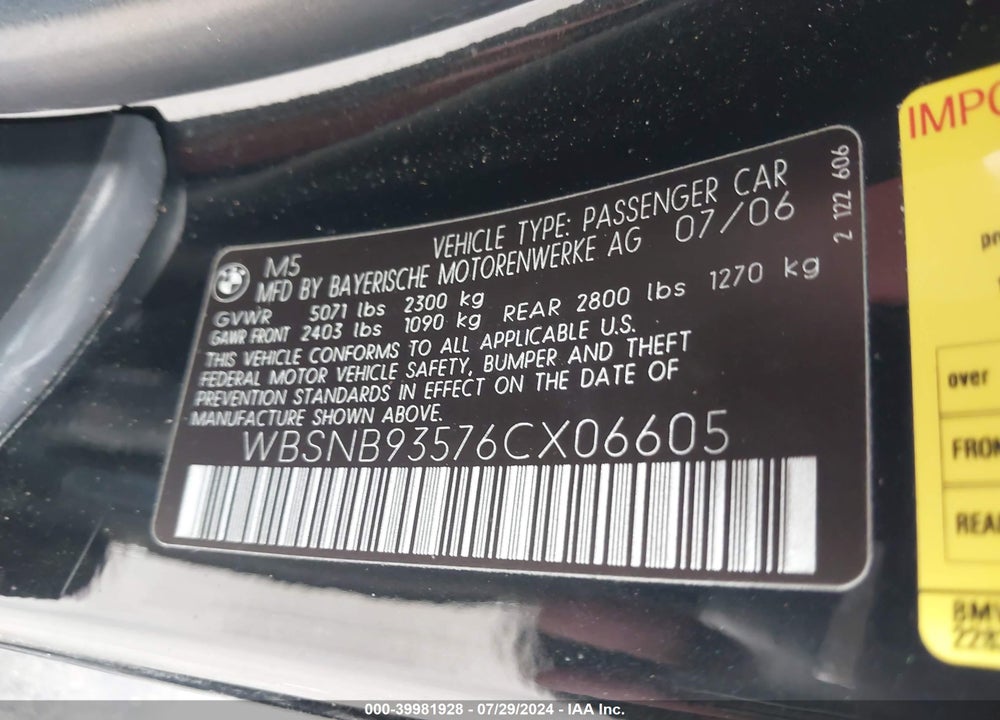 2006 BMW M5 VIN: WBSNB93576CX06605