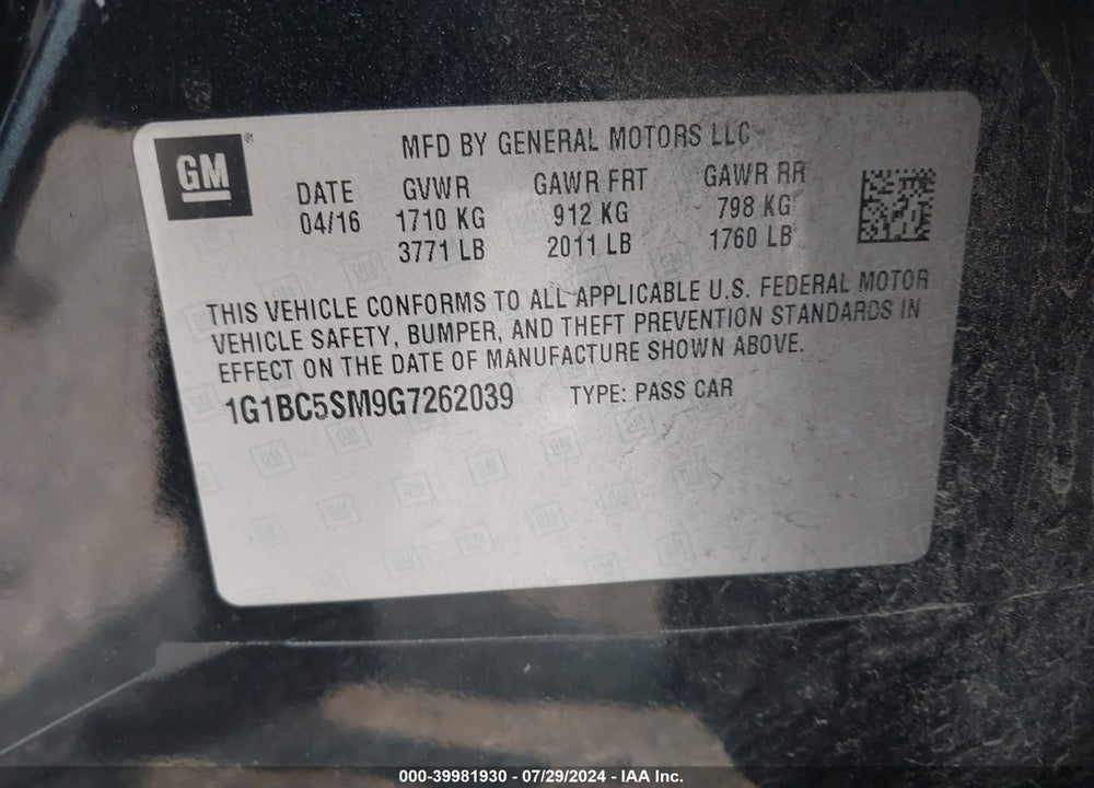 2016 CHEVROLET CRUZE LS AUTO VIN: 1G1BC5SM9G7262039