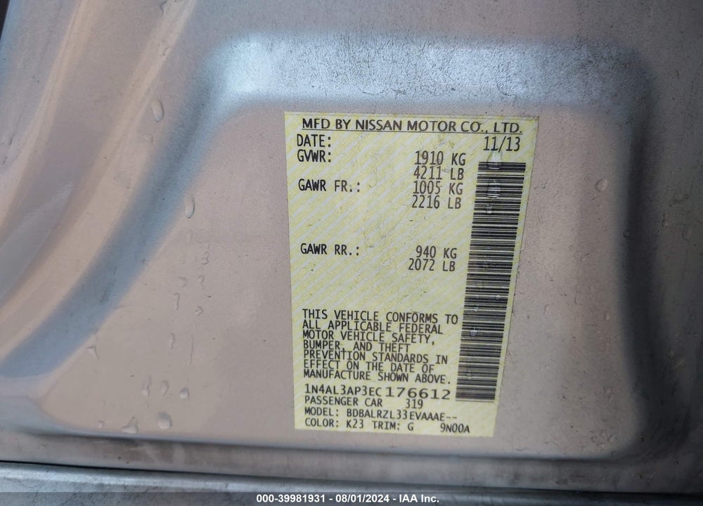 2014 NISSAN ALTIMA 2.5 S VIN: 1N4AL3AP3EC176612