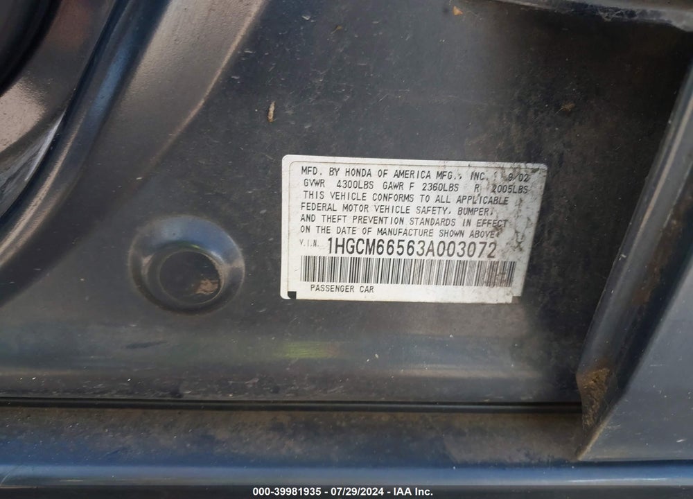 2003 HONDA ACCORD 3.0 EX VIN: 1HGCM66563A003072