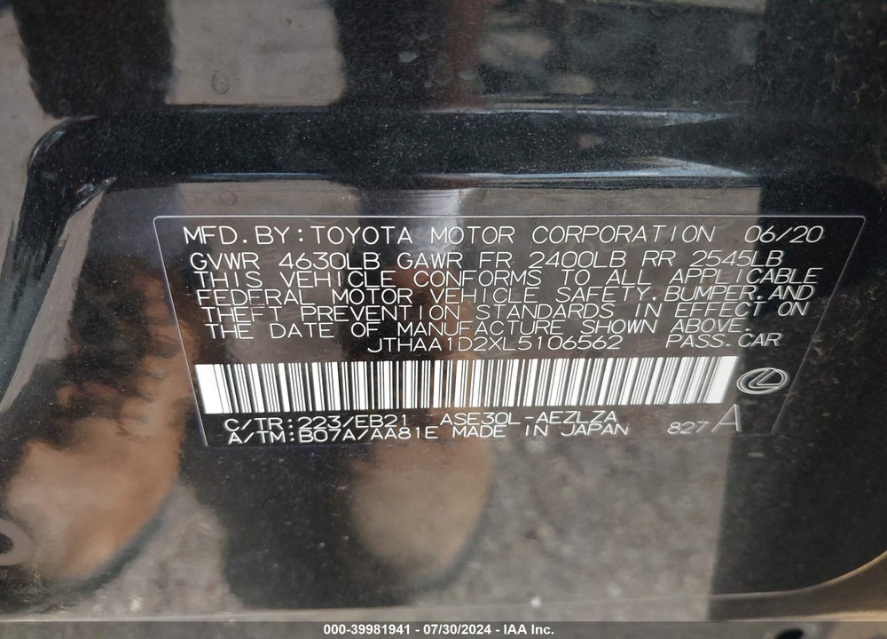 2020 LEXUS IS 300 VIN: JTHAA1D2XL5106562