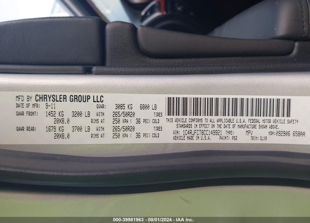 2012 JEEP GRAND CHEROKEE OVERLAND VIN: 1C4RJFCT8CC149921