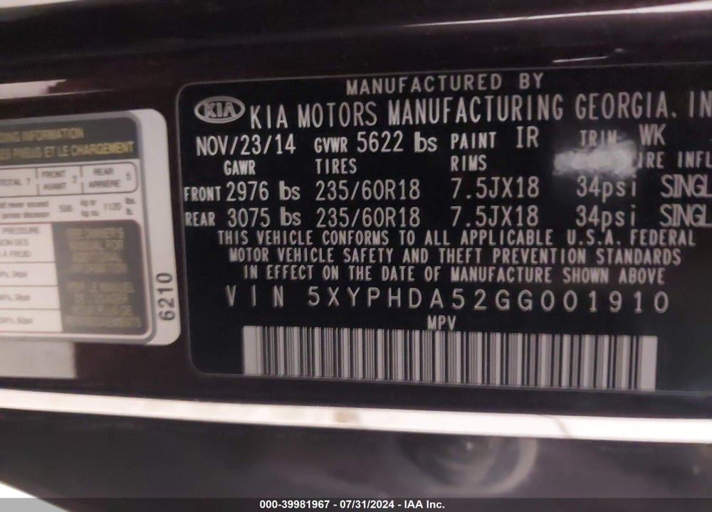 2016 KIA SORENTO 3.3L EX VIN: 5XYPHDA52GG001910