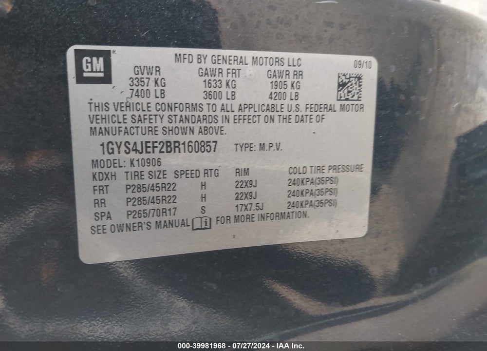 2011 CADILLAC ESCALADE ESV PREMIUM VIN: 1GYS4JEF2BR160857