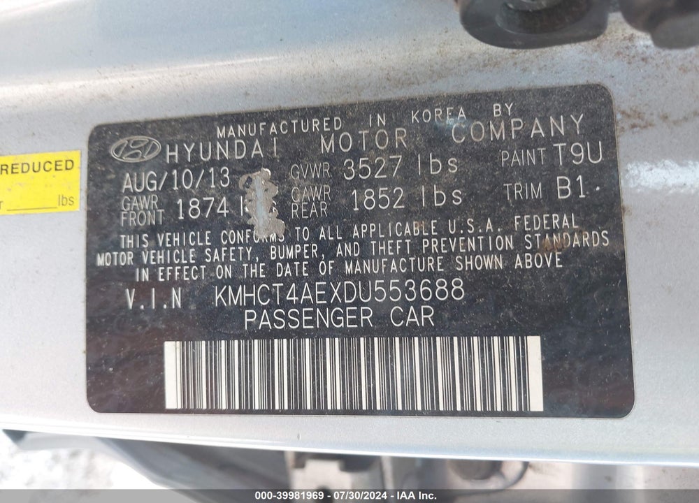 2013 HYUNDAI ACCENT GLS VIN: KMHCT4AEXDU553688
