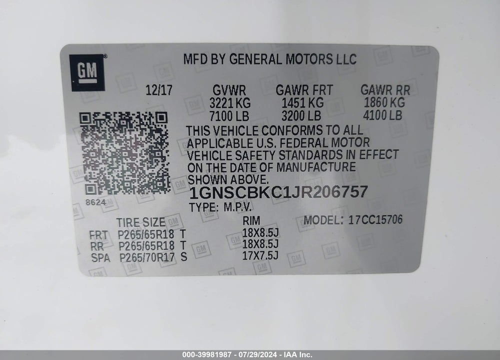 2018 CHEVROLET TAHOE LT VIN: 1GNSCBKC1JR206757