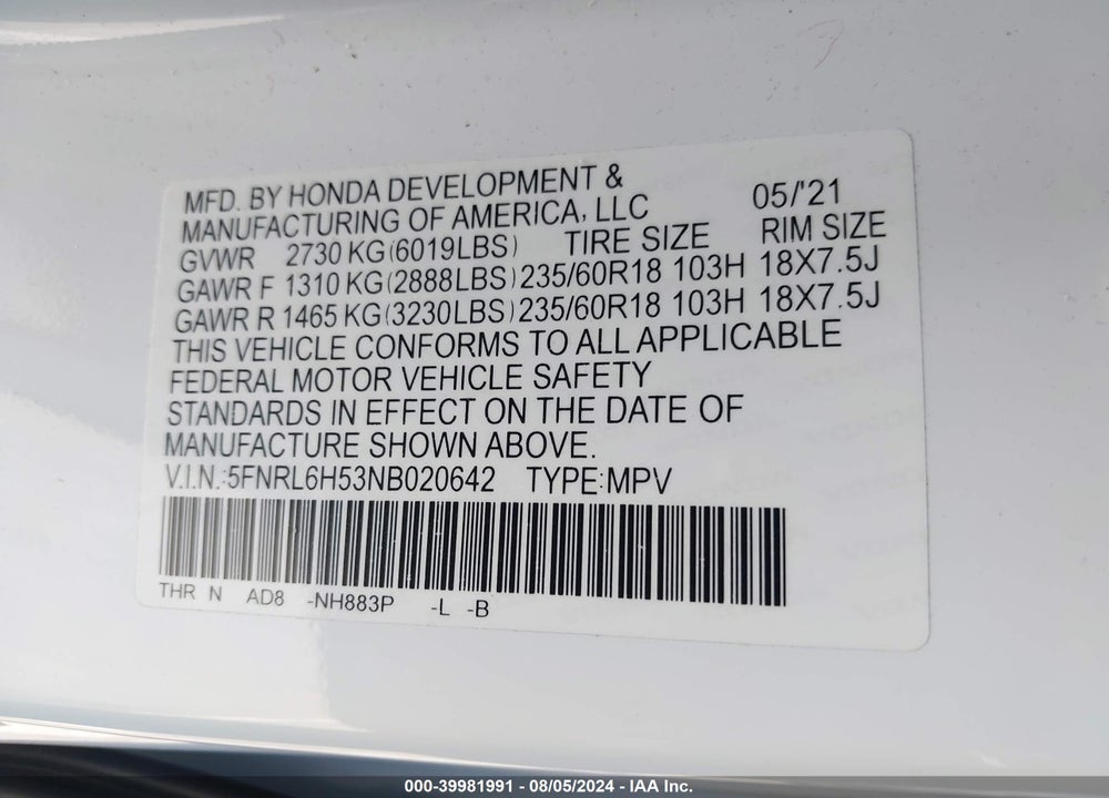 2022 HONDA ODYSSEY EX VIN: 5FNRL6H53NB020642