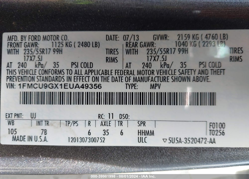 2014 FORD ESCAPE SE VIN: 1FMCU9GX1EUA49356