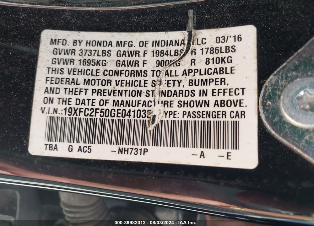 2016 HONDA CIVIC LX VIN: 19XFC2F50GE041035
