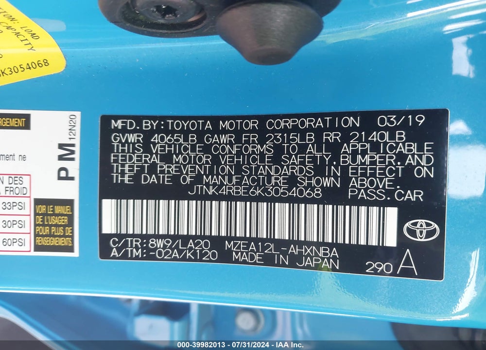 2019 TOYOTA COROLLA XSE VIN: JTNK4RBE6K3054068