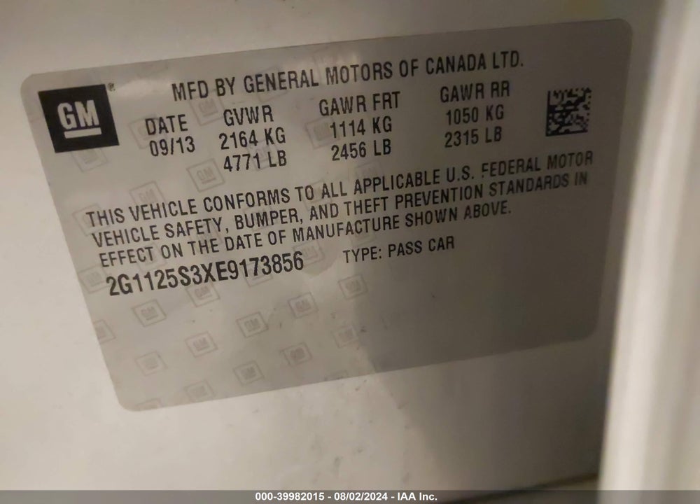 2014 CHEVROLET IMPALA 2LT VIN: 2G1125S3XE9173856