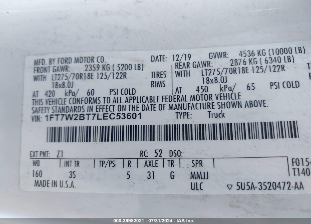 2020 FORD F-250 XLT VIN: 1FT7W2BT7LEC53601