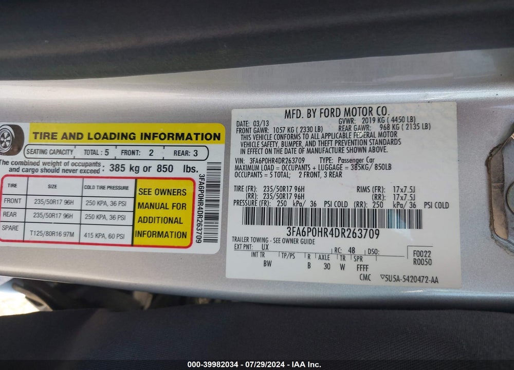 2013 FORD FUSION SE VIN: 3FA6P0HR4DR263709