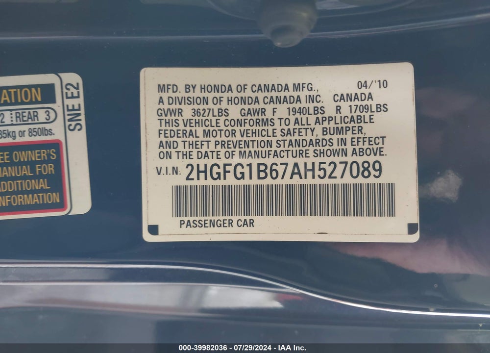 2010 HONDA CIVIC LX VIN: 2HGFG1B67AH527089