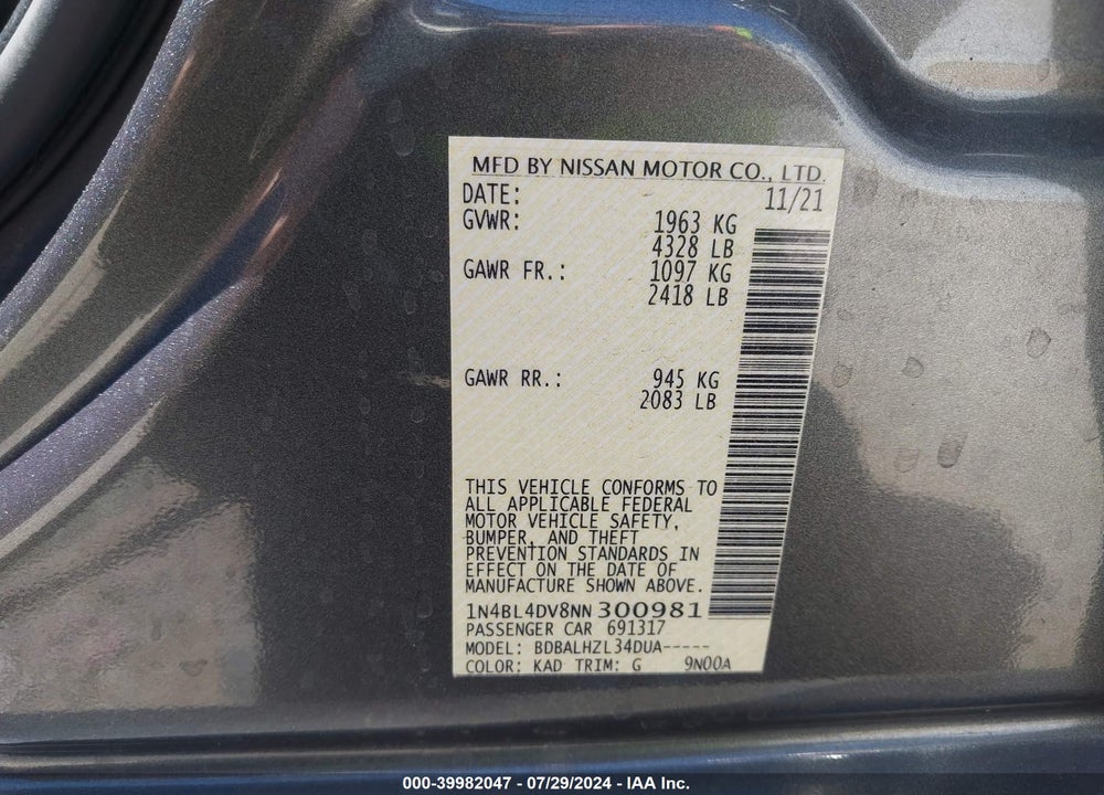 2022 NISSAN ALTIMA SV FWD VIN: 1N4BL4DV8NN300981