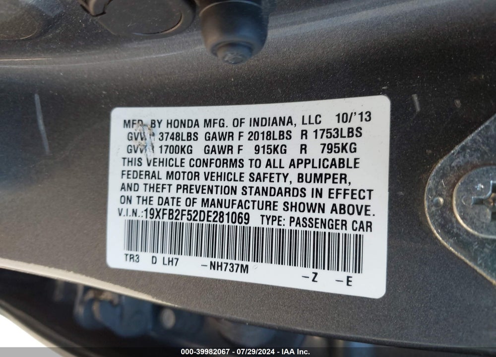 2013 HONDA CIVIC LX VIN: 19XFB2F52DE281069