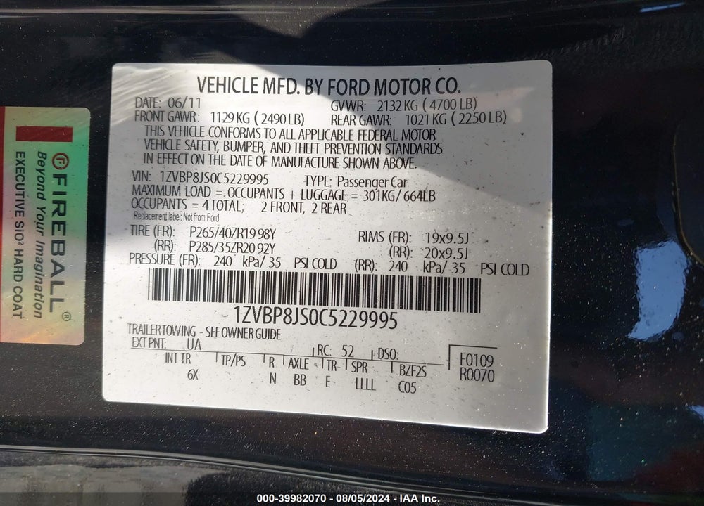 2012 FORD SHELBY GT500 VIN: 1ZVBP8JS0C5229995