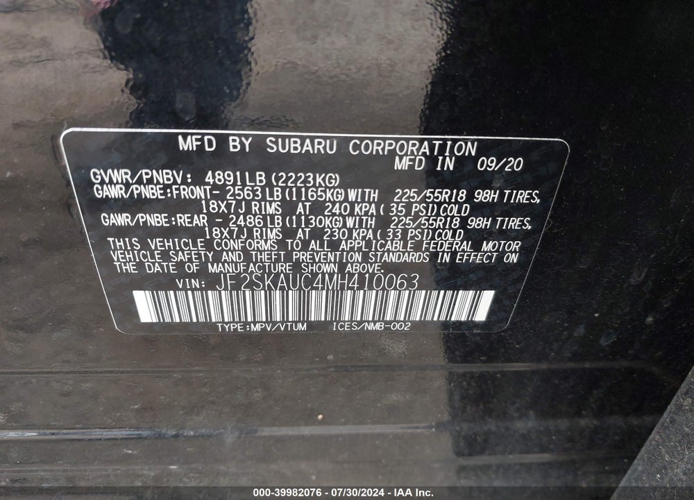 2021 SUBARU FORESTER LIMITED VIN: JF2SKAUC4MH410063