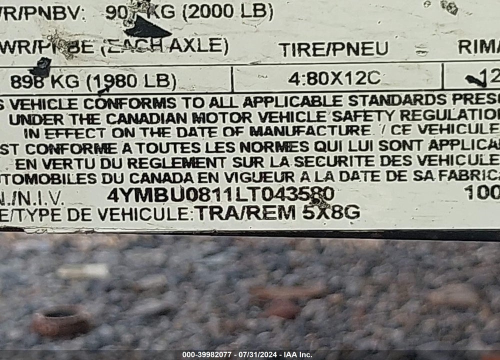 2020 CARRY ON UTILITY TRAILER VIN: 4YMBU0811LT043580