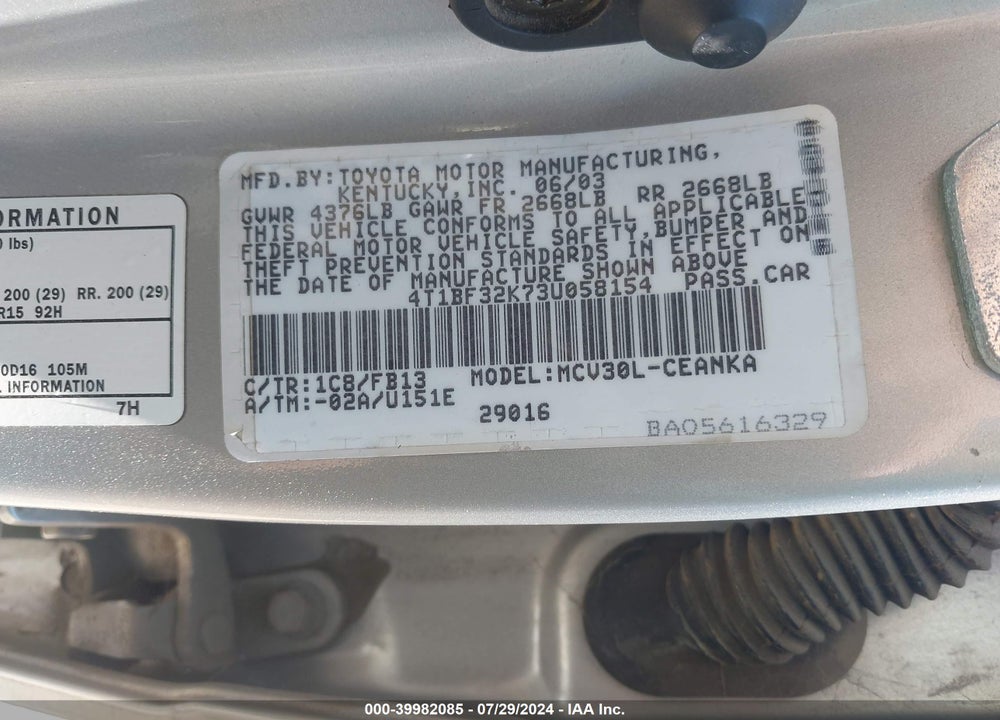 2003 TOYOTA CAMRY LE V6 VIN: 4T1BF32K73U058154