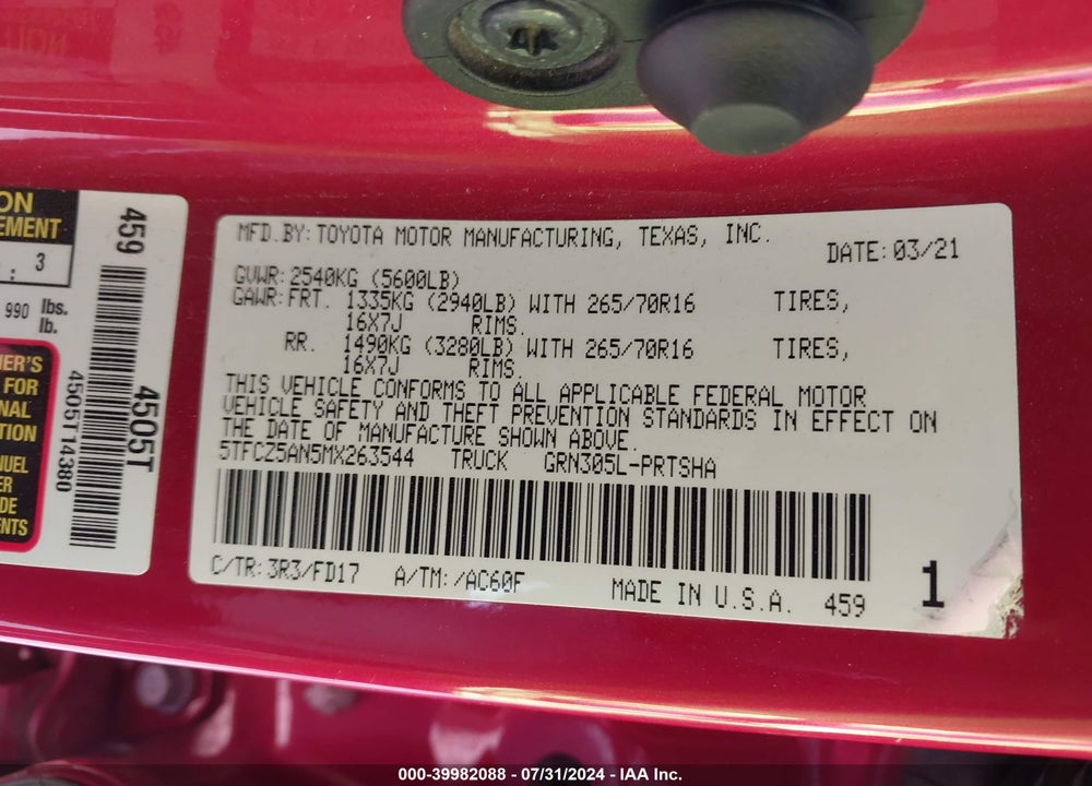 2021 TOYOTA TACOMA TRD OFF ROAD VIN: 5TFCZ5AN5MX263544