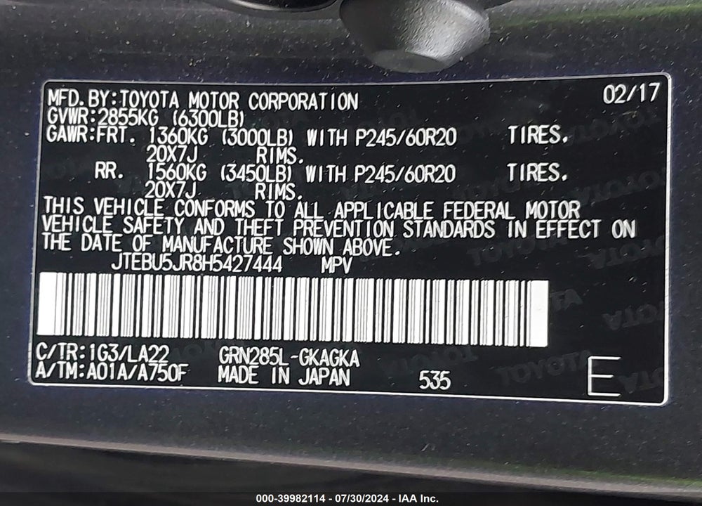 2017 TOYOTA 4RUNNER LIMITED VIN: JTEBU5JR8H5427444