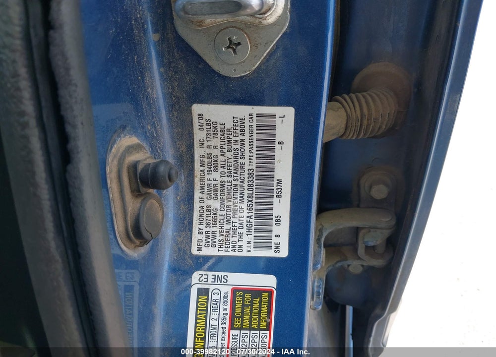 2008 HONDA CIVIC SDN VIN: 1HGFA165X8L083383